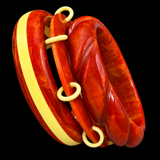 BB539 marbled paprika and custard bakelite bangles, vintage & artisan